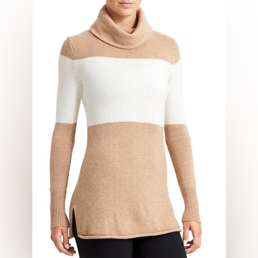 Athleta Cashmere Chalet Sweater Rollover Turtleneck Ivory Camel Heather knit